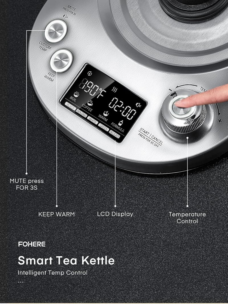 FOHERE Üveg Vízforraló Hőmérsékletes 40-100°C 2200W Teafőző Infúzióval 1,7L Ezüst