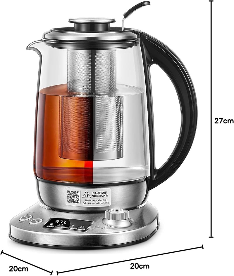 FOHERE Üveg Vízforraló Hőmérsékletes 40-100°C 2200W Teafőző Infúzióval 1,7L Ezüst