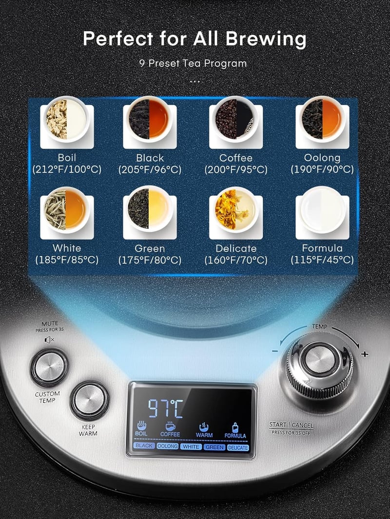 FOHERE Üveg Vízforraló Hőmérsékletes 40-100°C 2200W Teafőző Infúzióval 1,7L Ezüst