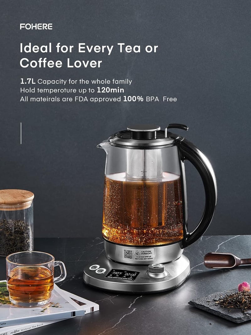 FOHERE Üveg Vízforraló Hőmérsékletes 40-100°C 2200W Teafőző Infúzióval 1,7L Ezüst