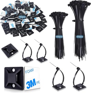 Set Legături Cabluri Fohirey 200 buc. Negru Nylon Bride Cablu 120-150mm + 100 buc. Suport Adeziv, Rezistente UV, Organizare Prindere Cablu