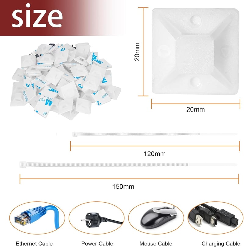 Fohirey Kábelkötegelő Szett 200db Fehér Nylon Kábelkötegelő 120-150mm + 100db Öntapadós Tartó UV Álló Kábelrögzítő