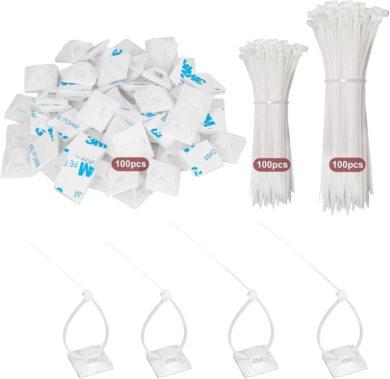 Fohirey Kábelkötegelő Szett 200db Fehér Nylon Kábelkötegelő 120-150mm + 100db Öntapadós Tartó UV Álló Kábelrögzítő