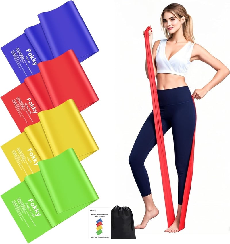 Fokky Fitneszbandz 4 darabos szett, 2m ellenállásos gumiszalag, 4 szintű edzőszalag jóga pilates - Green, yellow, red, blue