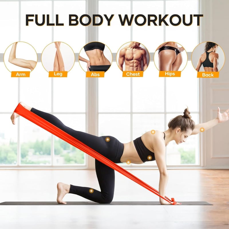 Fokky Fitneszbandz 4 darabos szett, 2m ellenállásos gumiszalag, 4 szintű edzőszalag jóga pilates - Green, yellow, red, blue
