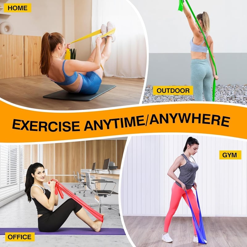 Fokky Fitneszbandz 4 darabos szett, 2m ellenállásos gumiszalag, 4 szintű edzőszalag jóga pilates - Green, yellow, red, blue