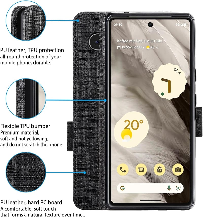 Foluu Google Pixel 7a Tárca Tok - Prémium Bőr Flip Case Kártyatartóval, Mágneses Zárral és Állvánnyal, TPU Ütésálló Védelem, Fekete