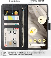 Foluu Google Pixel 7a Tárca Tok - Prémium Bőr Flip Case Kártyatartóval, Mágneses Zárral és Állvánnyal, TPU Ütésálló Védelem, Fekete 3