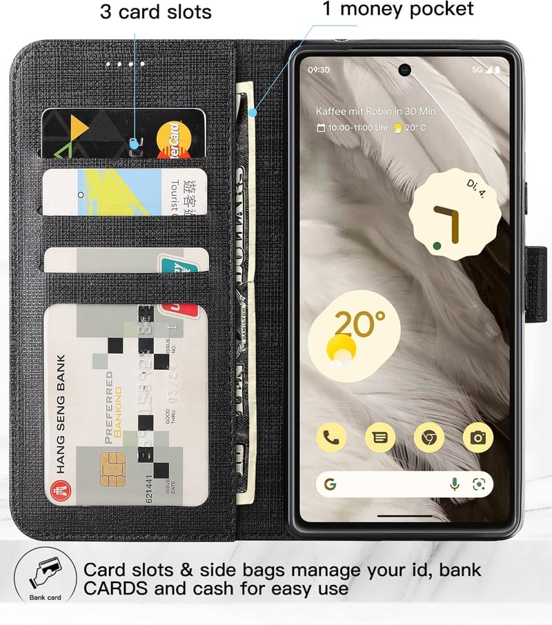 Foluu Google Pixel 7a Tárca Tok - Prémium Bőr Flip Case Kártyatartóval, Mágneses Zárral és Állvánnyal, TPU Ütésálló Védelem, Fekete