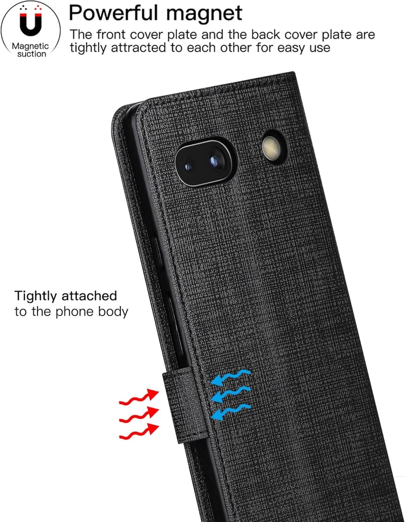 Foluu Google Pixel 7a Tárca Tok - Prémium Bőr Flip Case Kártyatartóval, Mágneses Zárral és Állvánnyal, TPU Ütésálló Védelem, Fekete