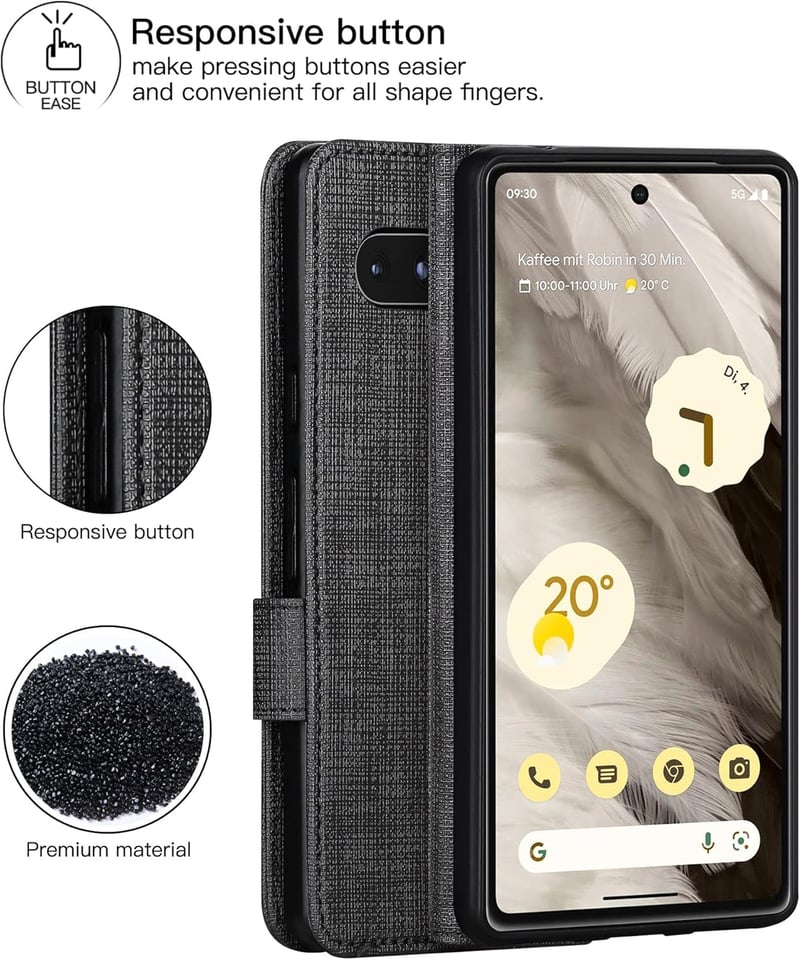 Foluu Google Pixel 7a Tárca Tok - Prémium Bőr Flip Case Kártyatartóval, Mágneses Zárral és Állvánnyal, TPU Ütésálló Védelem, Fekete