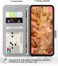 Foluu Google Pixel 8 Flip Tok - Prémium Műbőr Pénztárca Tok Kártyatartóval, Állvánnyal és Mágneses Zárral, TPU Keret, Ütésálló (Szürke) 3