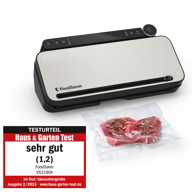 Sistem de vidare multifuncțional FoodSaver VS3190X cu aparat de vidare manual, 1 rolă de vidare, 4 pungi de vidare și 4 pungi cu fermoar, argintiu-negru