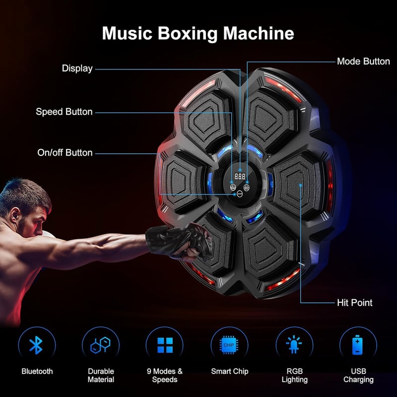 FOOING Okos Boxzsák Bluetooth Zenével, LED Fénnyel és 9 Sebességfokozattal, Fekete Edzőeszköz Kesztyűvel Otthoni Edzéshez
