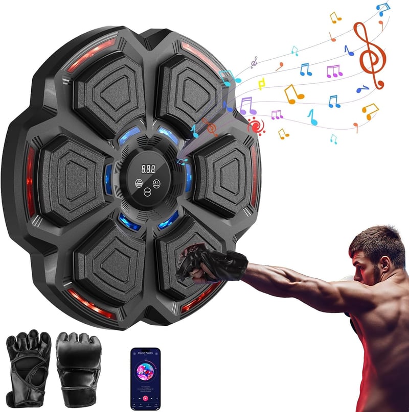 FOOING Okos Boxzsák Bluetooth Zenével, LED Fénnyel és 9 Sebességfokozattal, Fekete Edzőeszköz Kesztyűvel Otthoni Edzéshez
