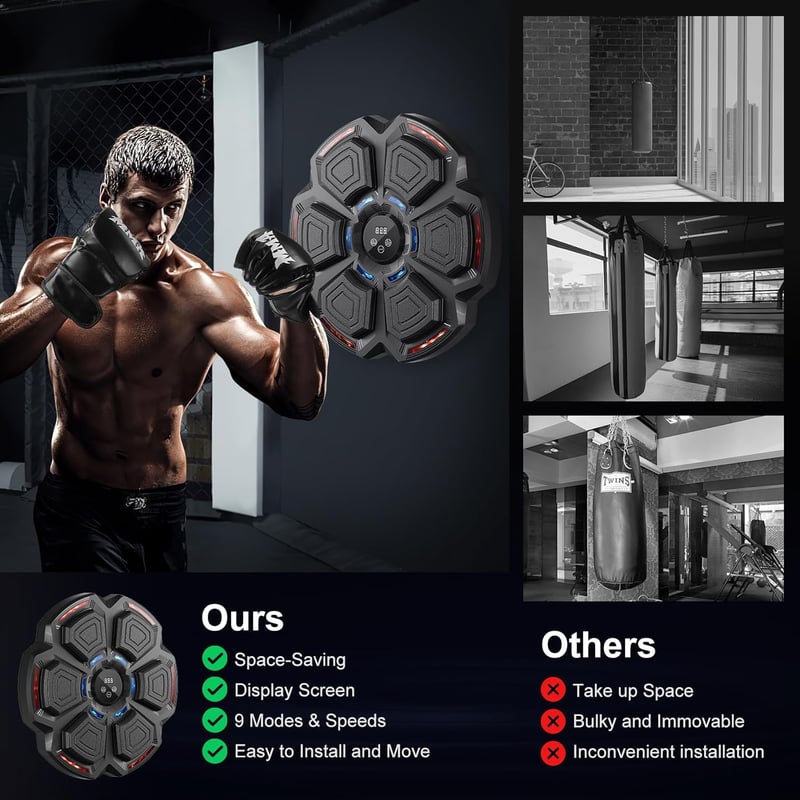 FOOING Okos Boxzsák Bluetooth Zenével, LED Fénnyel és 9 Sebességfokozattal, Fekete Edzőeszköz Kesztyűvel Otthoni Edzéshez