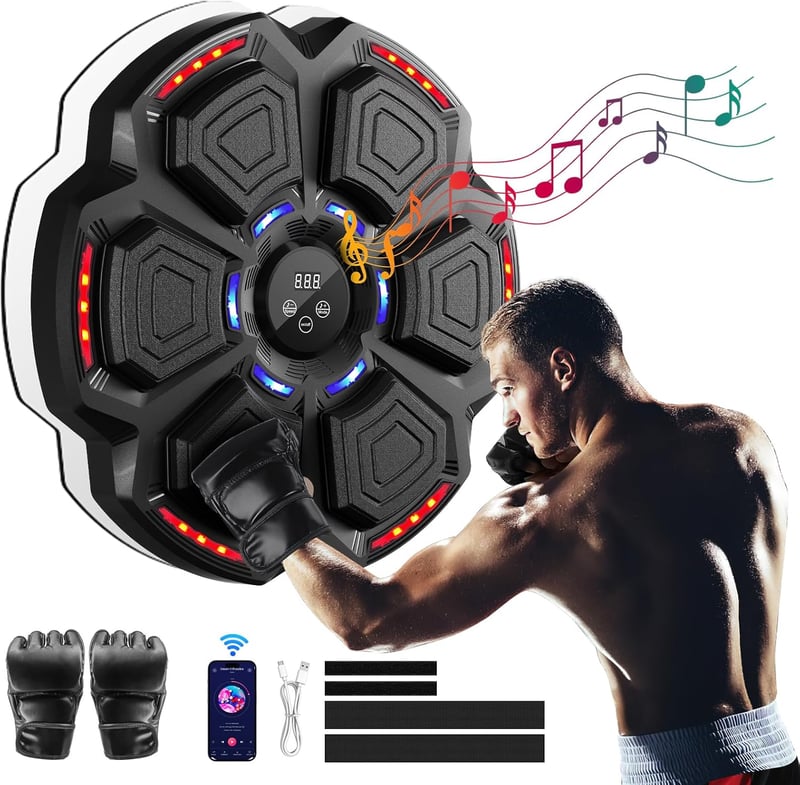 FOOING Okos Boxzsák Bluetooth Zenével, LED Fénnyel és 9 Sebességfokozattal, Fekete Edzőeszköz Kesztyűvel Otthoni Edzéshez