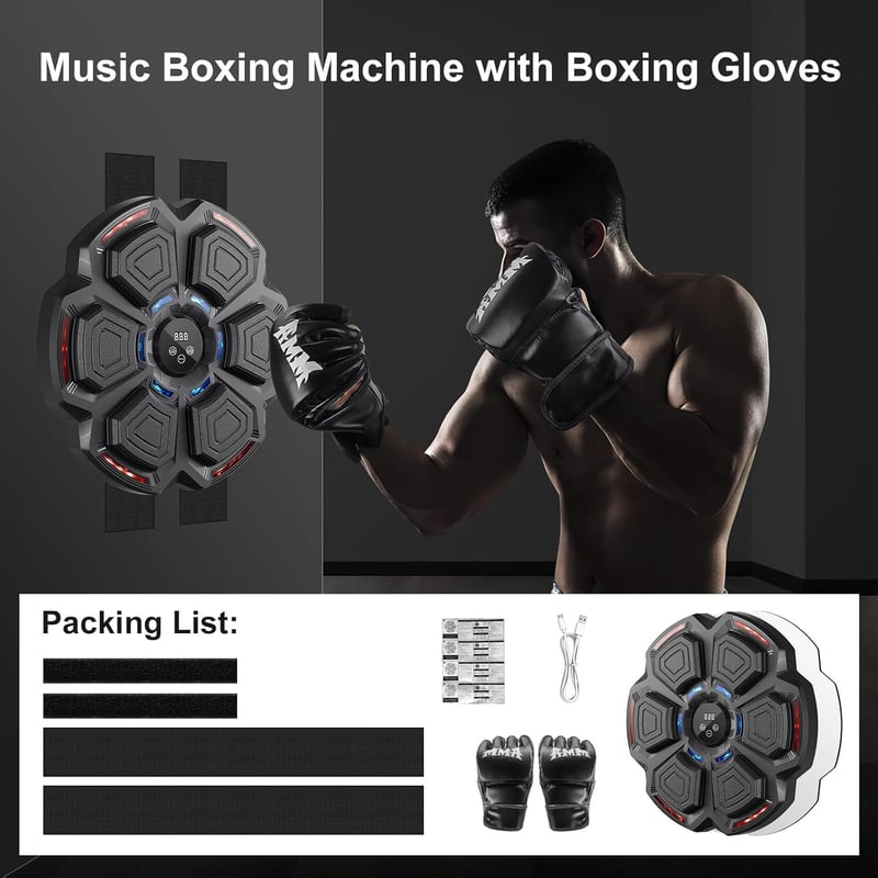 FOOING Okos Boxzsák Bluetooth Zenével, LED Fénnyel és 9 Sebességfokozattal, Fekete Edzőeszköz Kesztyűvel Otthoni Edzéshez