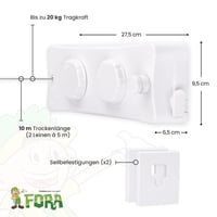 FORA Výsuvná nástenná šnúra na bielizeň 10 m - Dvojitá nerezová šnúra 2x5 m, uzamykateľný mechanizmus, max. 20 kg, úspora miesta, ABS telo 2