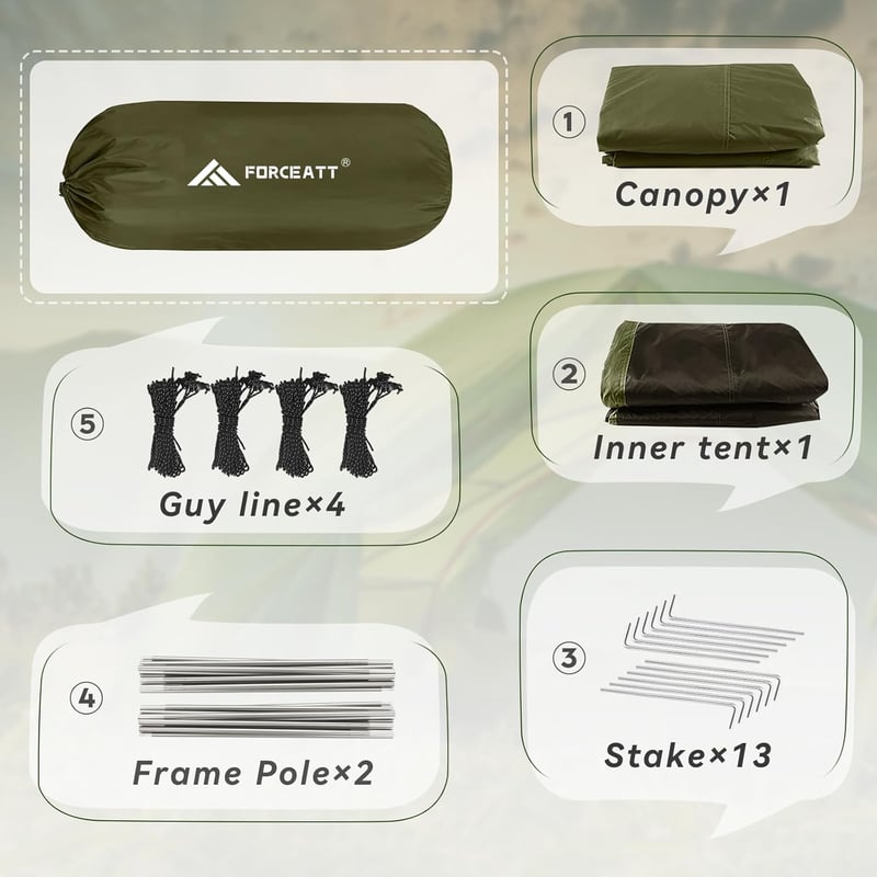 Forceatt 2-4 személyes vízálló kuppelsátor, ultrakönnyű, gyors felépítésű trekking sátor - 2 Person Green