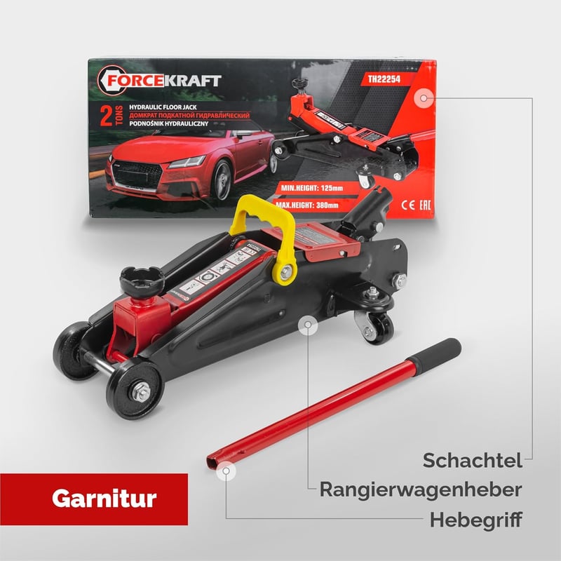 FORCEKRAFT Hidraulikus Emelő 2 Tonnás - Autóemelő 125-380 mm Emelési Magassággal, Kompakt Kocsi Emelő Szereléshez, 7,5 kg