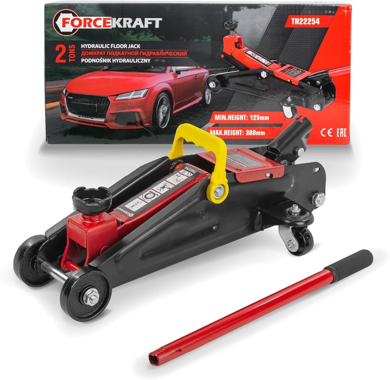 FORCEKRAFT Hidraulikus Emelő 2 Tonnás - Autóemelő 125-380 mm Emelési Magassággal, Kompakt Kocsi Emelő Szereléshez, 7,5 kg