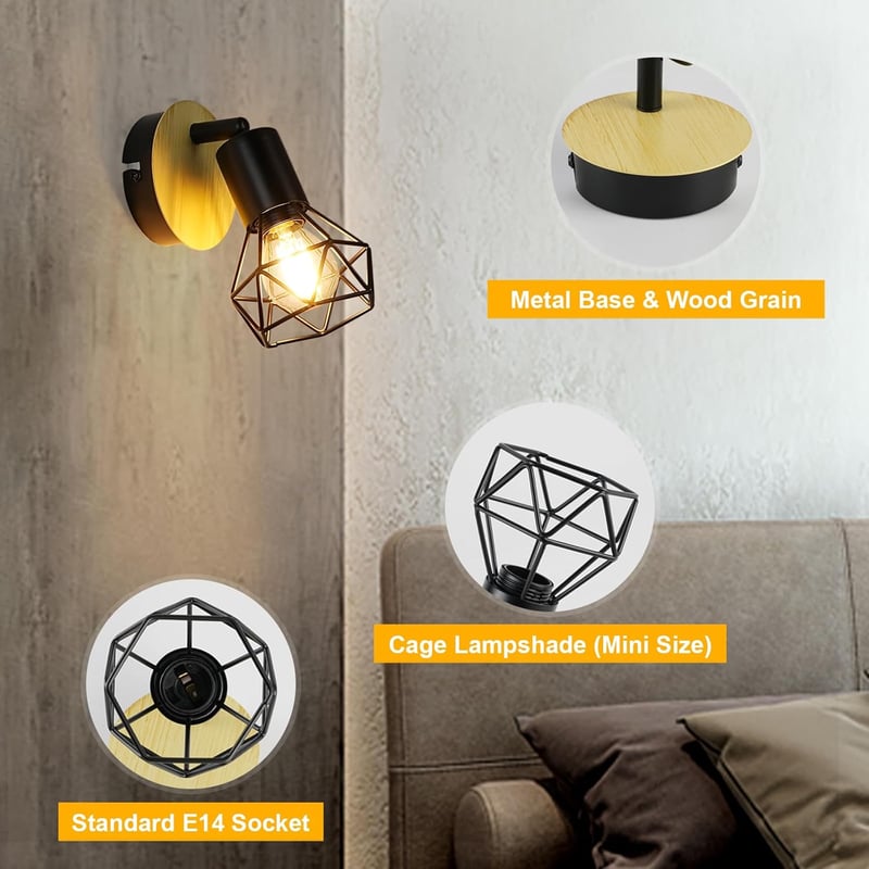 FORCOSO 1db Mennyezeti Spotlámpa Fekete Fa Ipari Vintage E14 Fali Lámpa LED - 2 pieces, Black Wood