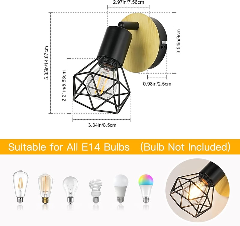 FORCOSO 1db Mennyezeti Spotlámpa Fekete Fa Ipari Vintage E14 Fali Lámpa LED - 2 pieces, Black Wood