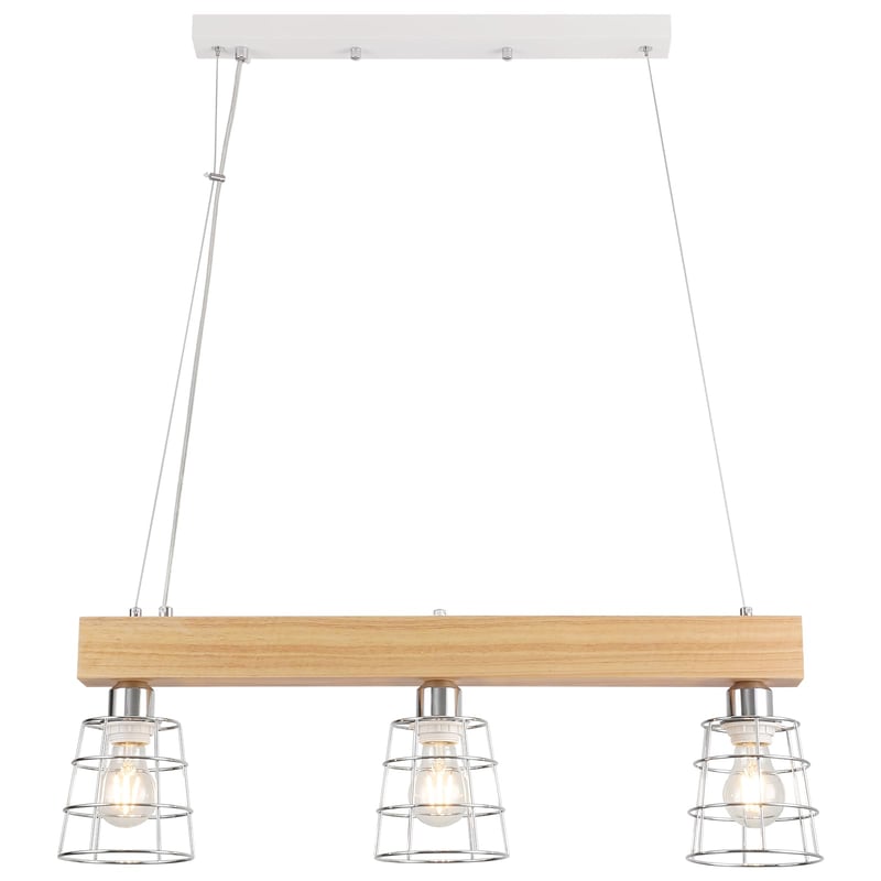 FORCOSO Drevené závesné svietidlo nad jedálenský stôl, 3-ramenný moderný kovový stropný luster do jedálne, spálne, obývačky a kuchyne, max. 60 W, chróm