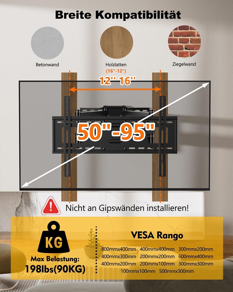 FORGING MOUNT Fali TV konzol 109 cm, 2 ízületes karos dönthető forgatható tartó 50-95 hüvelyk, 90 kg, VESA 800x400, fek