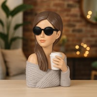 Bust decorativ Formano, femeie cu ochelari de soare și ceașcă de cafea, 28 cm, sculptură elegantă din piatră artificială, figurină feminină în stil vintage Audrey 2