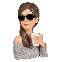 Bust decorativ Formano, femeie cu ochelari de soare și ceașcă de cafea, 28 cm, sculptură elegantă din piatră artificială, figurină feminină în stil vintage Audrey 1