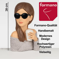 Bust decorativ Formano, femeie cu ochelari de soare și ceașcă de cafea, 28 cm, sculptură elegantă din piatră artificială, figurină feminină în stil vintage Audrey 3