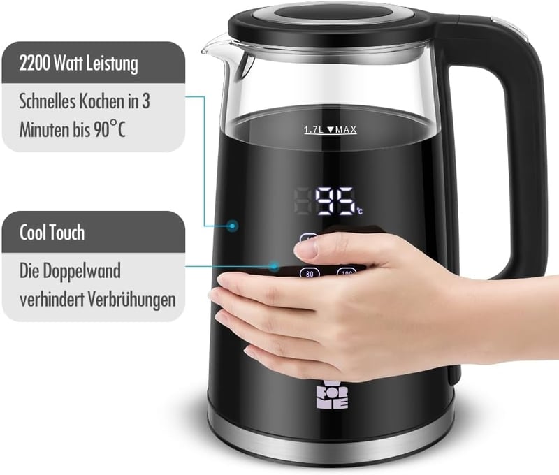 ForMe Üveg Vízforraló 1,7L - Digitális LED Kijelző, 40-100°C Hőmérséklet Szabályozás, Melegen Tartó Funkcióval, Rozsdamentes Acél Teafőző, B