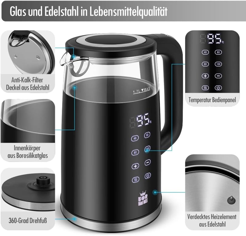 ForMe Üveg Vízforraló 1,7L - Digitális LED Kijelző, 40-100°C Hőmérséklet Szabályozás, Melegen Tartó Funkcióval, Rozsdamentes Acél Teafőző, B