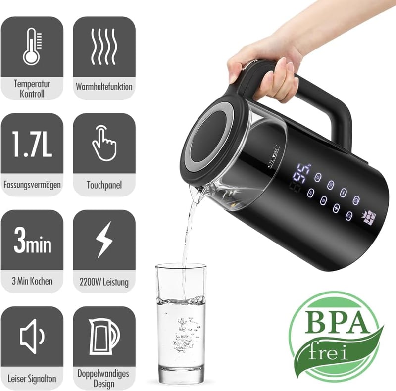ForMe Üveg Vízforraló 1,7L - Digitális LED Kijelző, 40-100°C Hőmérséklet Szabályozás, Melegen Tartó Funkcióval, Rozsdamentes Acél Teafőző, B