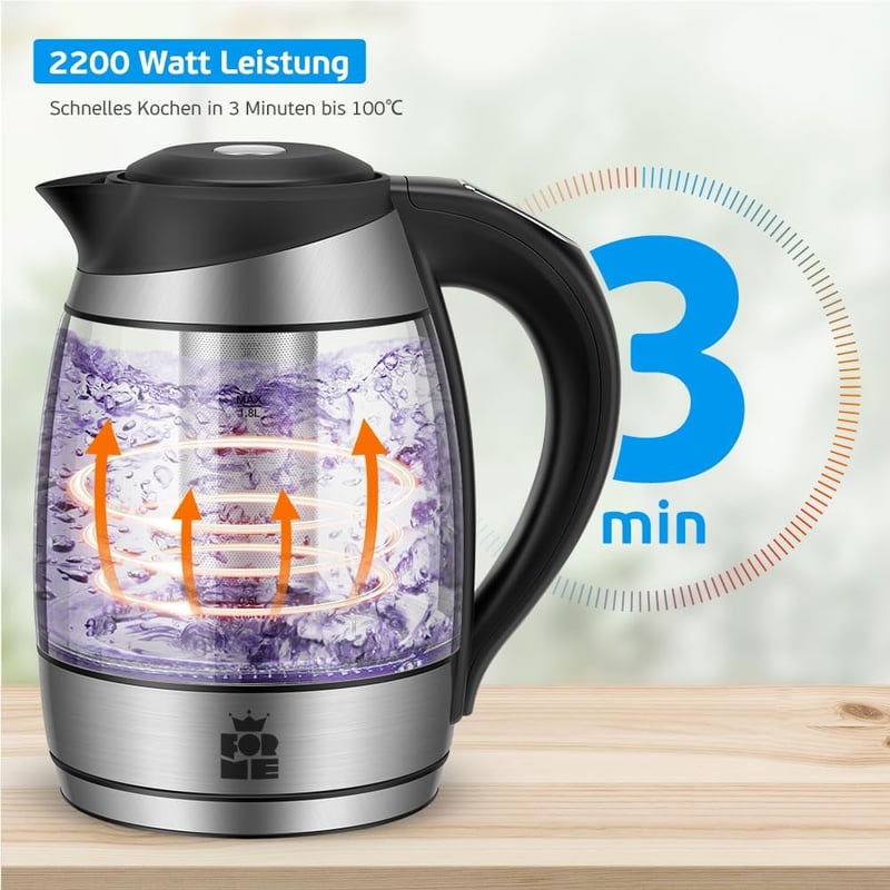 ForMe Üveg Vízforraló 1.8L Hőmérséklet Kijelzés LED 60-100°C Fekete