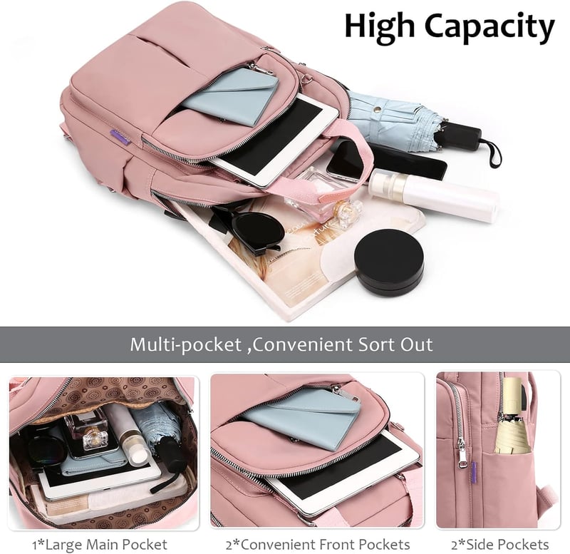 FORRICA Női Hátizsák USB Töltőporttal Vízálló Iskolai Nylon Daypack Rózsaszín