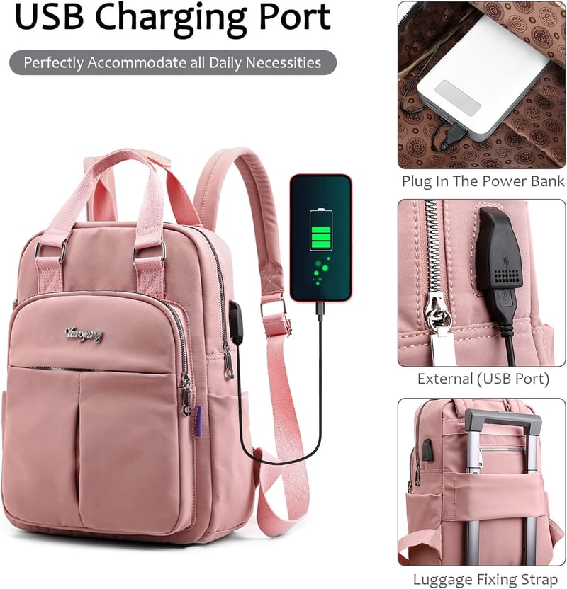 FORRICA Női Hátizsák USB Töltőporttal Vízálló Iskolai Nylon Daypack Rózsaszín