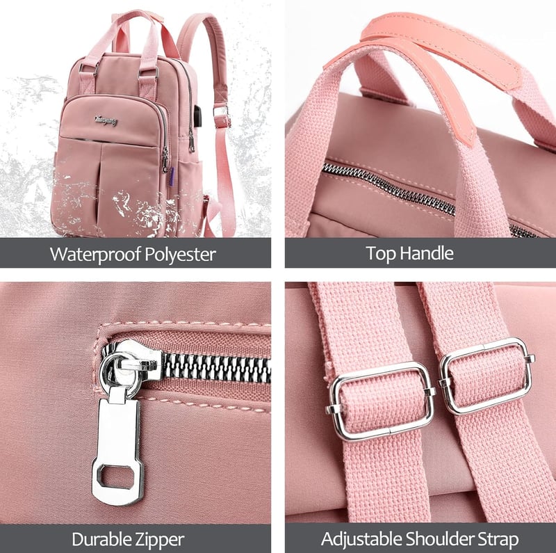 FORRICA Női Hátizsák USB Töltőporttal Vízálló Iskolai Nylon Daypack Rózsaszín