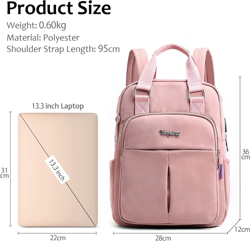 FORRICA Női Hátizsák USB Töltőporttal Vízálló Iskolai Nylon Daypack Rózsaszín