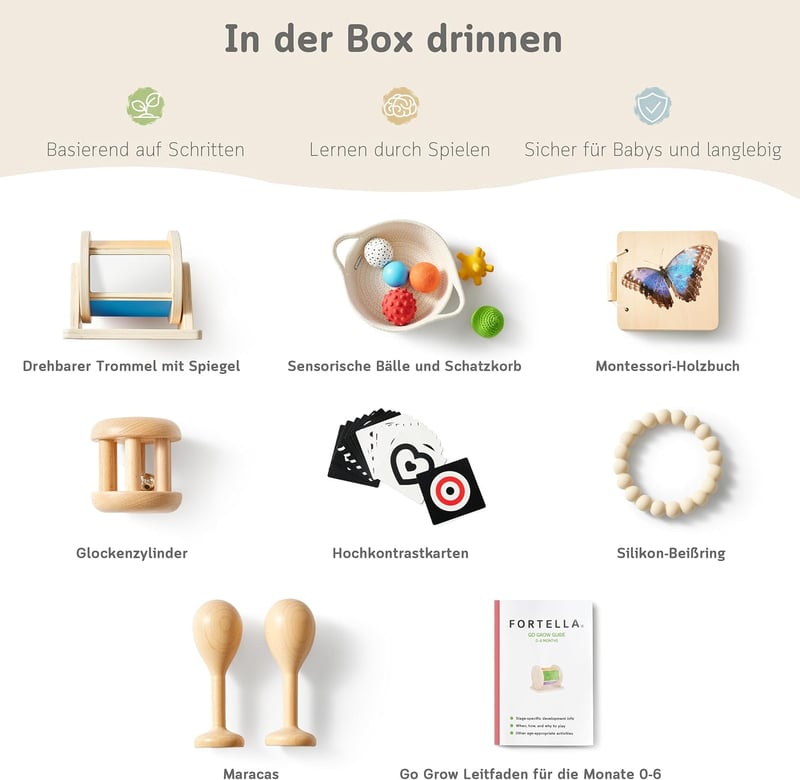 Fortella Go Grow Box 8 az 1-ben Fa Montessori Játék Kocka 1-3 Éveseknek, Motorikus Fejlesztő Készségfejlesztő Játék Bézs - 0-6 Monate