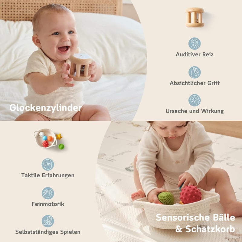Fortella Go Grow Box 8 az 1-ben Fa Montessori Játék Kocka 1-3 Éveseknek, Motorikus Fejlesztő Készségfejlesztő Játék Bézs - 0-6 Monate