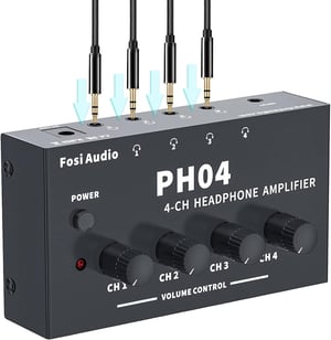 Amplificator pentru căști stereo Fosi Audio PH04 cu 4 canale, din metal, distribuitor portabil pentru căști cu adaptor 12V 1,5A pentru studio și scenă