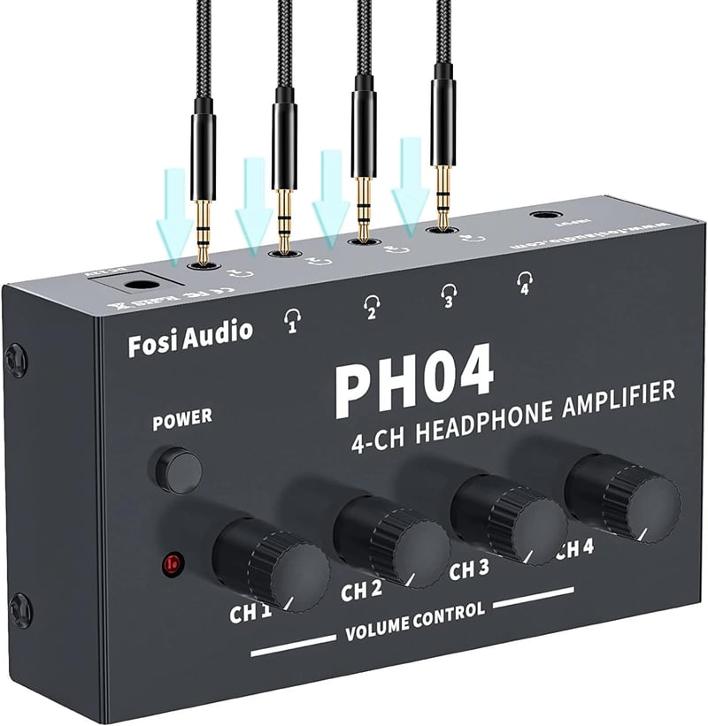 Amplificator pentru căști stereo Fosi Audio PH04 cu 4 canale, din metal, distribuitor portabil pentru căști cu adaptor 12V 1,5A pentru studio și scenă