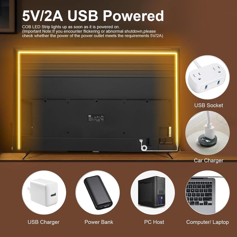 Fosingut COB LED Szalag 3m USB Melegfehér 3000K 480 LED/m Öntapadós Világítás Konyha TV Háttérvilágítás Tükör PC Hálószoba