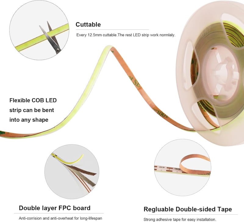 Fosingut COB LED Szalag 3m USB Melegfehér 3000K 480 LED/m Öntapadós Világítás Konyha TV Háttérvilágítás Tükör PC Hálószoba