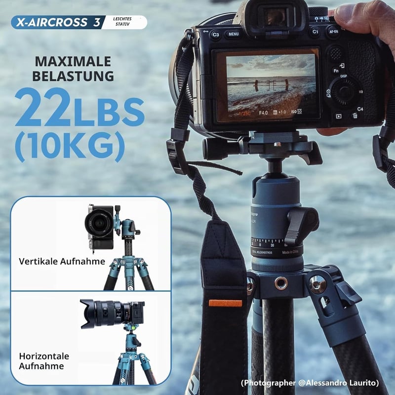 Fotopro 151 cm szénszálas utazó kamera állvány, 360° gömbfej, 0,94 kg, 10 kg terhelhetőség