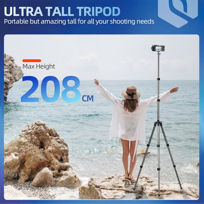 Fotopro 208 cm Kamera Állvány 360° Gömbfejjel - Telefontartóval, Összecsukható Alumínium Háromlábú Állvány Kamerákhoz és Mobiltelefonokhoz, 