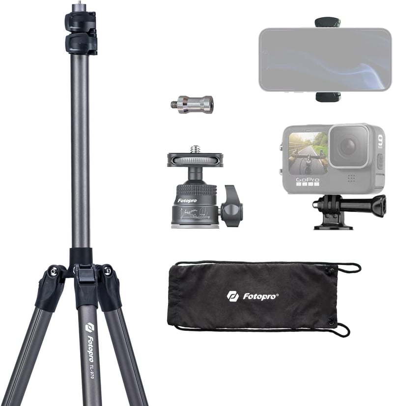 Fotopro 208 cm Kamera Állvány 360° Gömbfejjel - Telefontartóval, Összecsukható Alumínium Háromlábú Állvány Kamerákhoz és Mobiltelefonokhoz, 